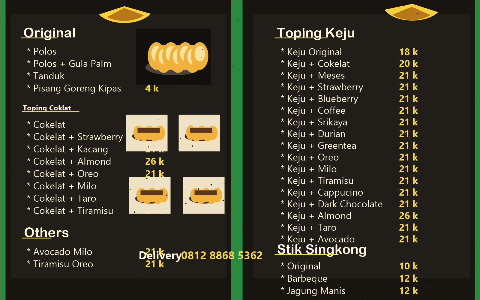 Menu Mr. Kingkong Banana dengan pilihan pisang goreng original, cokelat, keju, dan stik singkong